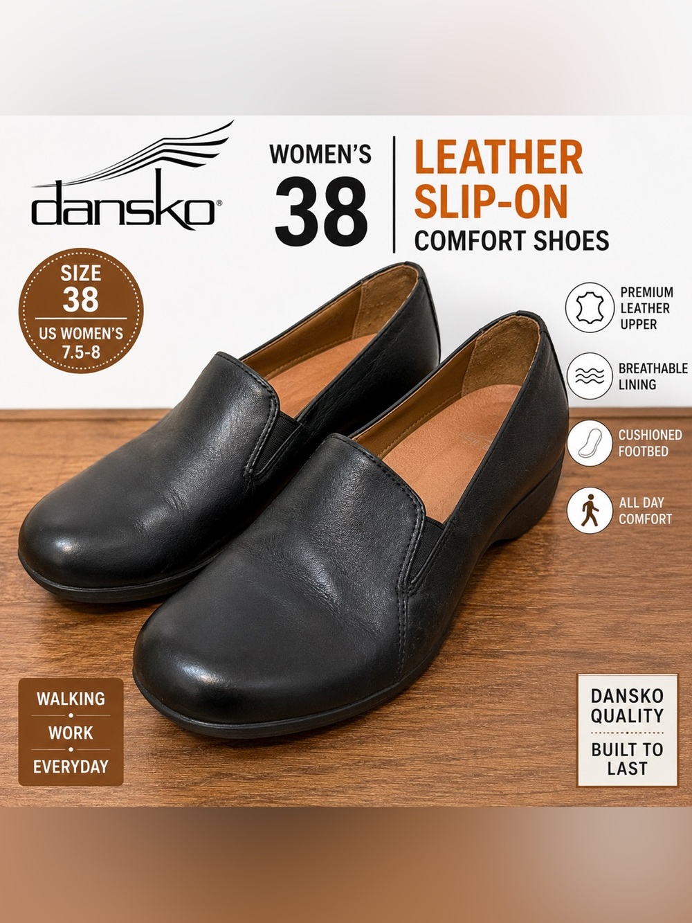 Dansko Women’s Black Leather Slip On Comfort Loafers Shoes EU 38 US 7.5-8